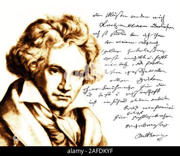Lettre écrite par Beethoven à son éditeur Schott, Ludwig van Beethoven, compositeur allemand, 1770 -1827 Banque D'Images