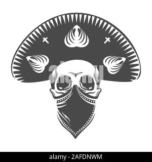 Sombrero mexicain dans le crâne. En crâne Bandit hat et bandana. Illustration de Vecteur