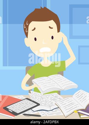 Illustration d'un Teenage Guy Scratching Head inquiets et de plusieurs livres ouverts, de bachotage pour un examen Banque D'Images