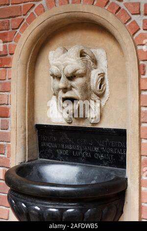 Fontaine à eau avec mascaron au Collegium Maius Museum, Université jagellonne, Cracovie, Pologne Banque D'Images