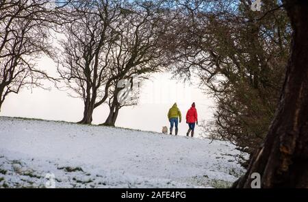 Whitewell, Clitheroe, Lancashire, Royaume-Uni. Le 15 décembre 2019. Les promeneurs de chiens profiter de la neige à l'effritement, Preston, Lancashire. Crédit : John Eveson/Alamy Live News Banque D'Images