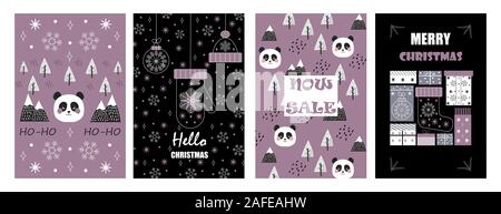 Boules de Noël sur les cartes de noël de souhaits dans contour. Panda, mountain sont dans un style scandinave. Les flocons tombent. Cadeau Promo, hiver vente posters Illustration de Vecteur