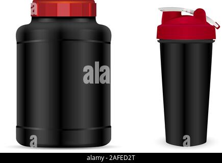 Vector set de nutrition sportive avec des modèles de conteneurs caps rouge isolé sur fond blanc. Pot en plastique noir réaliste, shaker et boissons en bouteilles Illustration de Vecteur