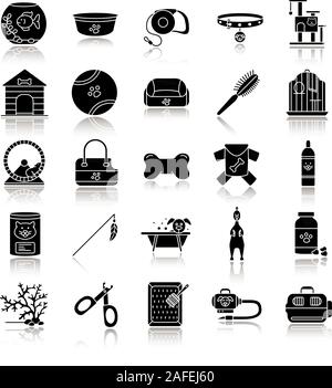 Fournitures Animaux noir ombre glyph icons set. Les animaux domestiques de marchandises. Les animaux de la nourriture, les jouets, les accessoires, les maisons. Illustrations vectorielles Illustration de Vecteur