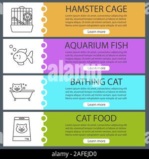 Animaux domestiques fournit des modèles de bannières web. Cage Hamster, poissons d'aquarium, le toilettage, la nourriture pour chats. Couleur du site Menu avec icônes linéaire. En-têtes de vecteur Illustration de Vecteur
