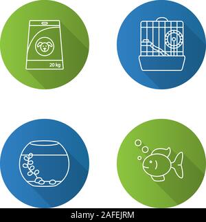 Animaux domestiques alimentation linéaire plat long shadow icons set. L'alimentation du chien, aquarium, poisson, hamster cage. Contour Vector illustration Illustration de Vecteur