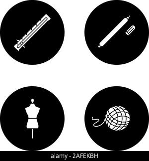 Glyphe de tailleur icons set. Jauge de couture, tissu, feutre, laine mannequin clew. Vector silhouettes blanc illustrations de cercles noirs Illustration de Vecteur