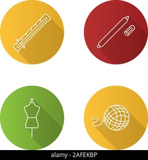 L'adaptation linéaire plat long shadow icons set. Jauge de couture, tissu, feutre, laine mannequin clew. Contour Vector illustration Illustration de Vecteur