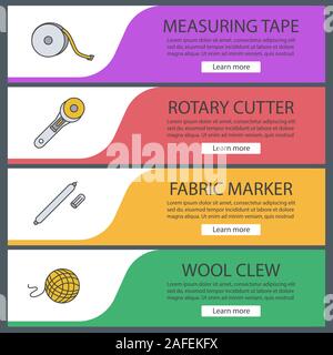 Adaptation des modèles de page web définie. Ruban à mesurer, le gyrobroyeur, tissu feutre, laine clew. Couleur du site Web d'éléments de menu. En-têtes Vector conce conception Illustration de Vecteur
