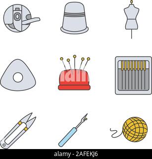 Adaptation des icônes couleur définie. Bobine case, dé à coudre, mannequin, craie, pelote, aiguilles, coupe-fil, seam ripper, clew laine. Vecteur isolé Illustration de Vecteur