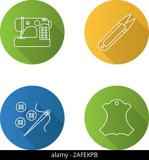 L'adaptation linéaire plat long shadow icons set. Machine à coudre, coupe-fil, l'aiguille et boutons, l'étiquette en cuir. Contour Vector illustration Illustration de Vecteur