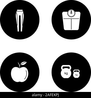 Glyphe de fitness icons set. Les équipements de sport. Leggings, pèse-personne, apple, kettlebells. Vector silhouettes blanc illustrations de cercles noirs Illustration de Vecteur