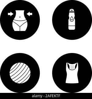 Glyphe de fitness icons set. Les équipements de sport. La perte de poids, une bouteille d'eau, sports, fitball tank top. Vector silhouettes blanc illustrations de cercles noirs Illustration de Vecteur