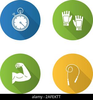 Design plat Fitness grande ombre glyph icons set. Les équipements de sport. Muscle biceps, corde à sauter, sans doigts gants de sport, chronomètre. Silhouette vecteur illustr Illustration de Vecteur