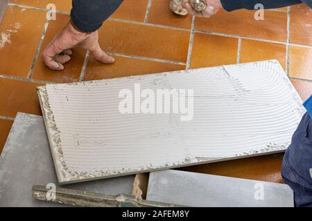 Le carreleur met de la colle sur les carreaux de céramique avant de poser Banque D'Images