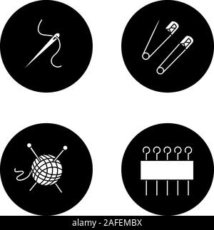 Glyphe de tailleur icons set. L'aiguille avec fil, la sécurité et les axes de l'œil, le tricot d'alimentation. Vector silhouettes blanc illustrations de cercles noirs Illustration de Vecteur