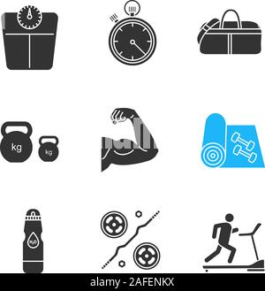 Glyphe de fitness icons set. Balances de plancher, chronomètre, sac de sport, kettlebells, muscle biceps, tapis de yoga, une bouteille d'eau, tapis roulant, haltères. Silhouette sym Illustration de Vecteur