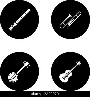 Glyphe icons set instruments de musique. Duduk, guitare, banjo, trombone. Vector silhouettes blanc illustrations de cercles noirs Illustration de Vecteur