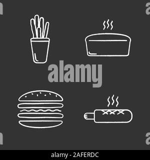 Chalk boulangerie icons set. Grissini, brique pain, burger, hot dog. Illustrations vectorielles chalkboard Illustration de Vecteur