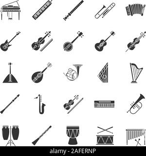 Glyphe icons set instruments de musique. Équipements de l'orchestre. Vent, à cordes, percussions. Symboles de Silhouette. Vector illustration isolé Illustration de Vecteur