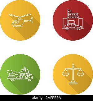 Télévision Police long shadow linéaire icons set. Hélicoptère, moto, balances de la justice, de la police. Contour Vector illustration Illustration de Vecteur