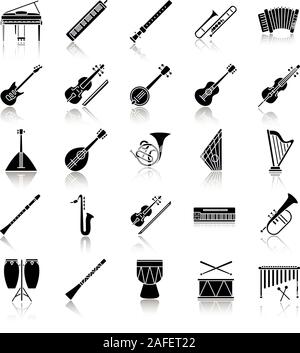 Instruments de musique noire ombre glyph icons set. Équipements de l'orchestre. Vent, à cordes, percussions. Illustrations vectorielles Illustration de Vecteur