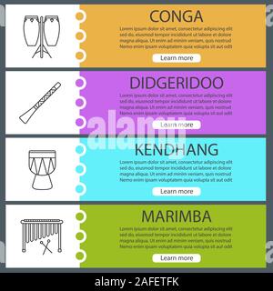 Modèles de page web instruments de musique ensemble. Conga, didgeridoo, kendhang, marimba. Couleur du site Menu avec icônes linéaire. En-têtes Vector design Illustration de Vecteur