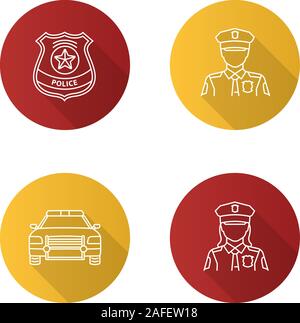 Télévision Police long shadow linéaire icons set. Policier et de l'agente de police, voiture, d'un insigne. Contour Vector illustration Illustration de Vecteur