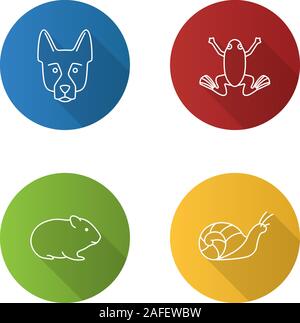 Télévision animaux long shadow linéaire icons set. Berger Allemand, grenouille, hamster, escargot. Contour Vector illustration Illustration de Vecteur