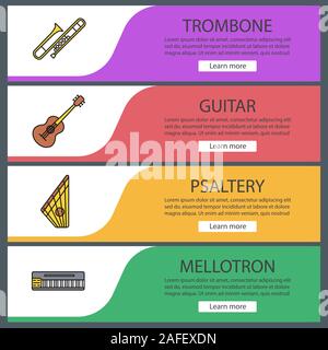 Modèles de page web instruments de musique ensemble. Couleur du site Web d'éléments de menu. En-têtes Vector design concepts Illustration de Vecteur