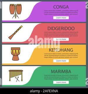 Modèles de page web instruments de musique ensemble. Conga, didgeridoo, kendhang, marimba. Couleur du site Web d'éléments de menu. En-têtes Vector design concepts Illustration de Vecteur