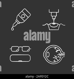 Chalk ophtalmologie icons set. Gouttes pour les yeux, la chirurgie au laser, lunettes de cas, mal de l'œil. Illustrations vectorielles chalkboard Illustration de Vecteur