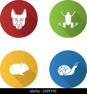 Animaux domestiques modèle plat long shadow glyphe icons set. Berger Allemand, grenouille, hamster, escargot. Silhouette Vector illustration Illustration de Vecteur