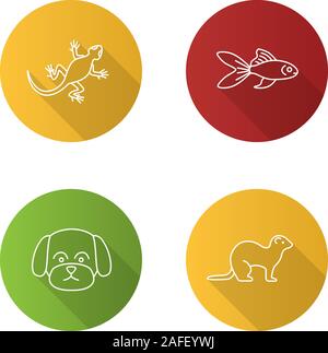 Télévision animaux long shadow linéaire icons set. Lézard, poisson rouge, maltaise, chien, furet. Contour Vector illustration Illustration de Vecteur