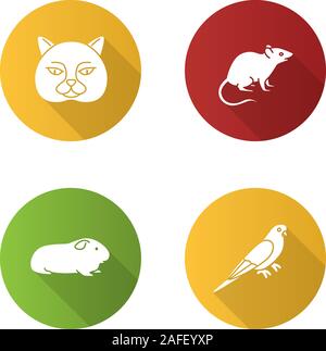 Animaux domestiques modèle plat long shadow glyphe icons set. La chat, souris, Cavia, perruche. Silhouette Vector illustration Illustration de Vecteur