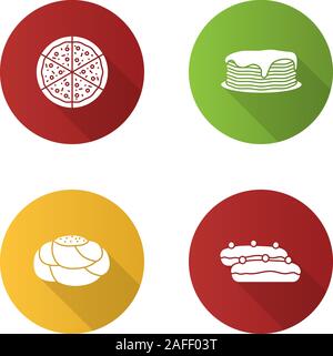 Design plat boulangerie grande ombre glyph icons set. Pile de crêpes, pizza, pâtisseries, pain eclair. Silhouette Vector illustration Illustration de Vecteur