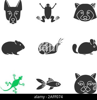 Animaux domestiques glyphe icons set. Berger Allemand, grenouille, raton laveur, hamster, chinchilla, escargot, grenouille, lézard, poisson rouge, la cat. Symboles de Silhouette. Vector isol Illustration de Vecteur