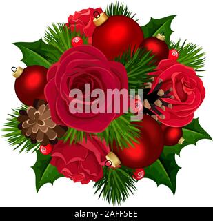 Bouquet de Noël vectoriel avec roses rouges, boules, houx, branches de sapin et cônes isolés sur fond blanc. Illustration de Vecteur
