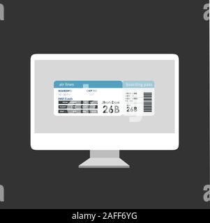 L'enregistrement en ligne avec carte d'embarquement imprimée sur l'écran sur fond noir isolé. Illustration de Vecteur