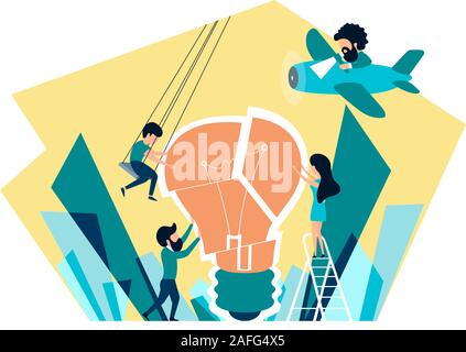 Vector illustration. personnes recueillir une ampoule. naissance d'une idée créative, le travail d'équipe. design graphique idée de l'activité de projet - Vector Illustration de Vecteur