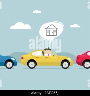 Businessman on the road back home en voiture avec embouteillage. vector Illustration de Vecteur