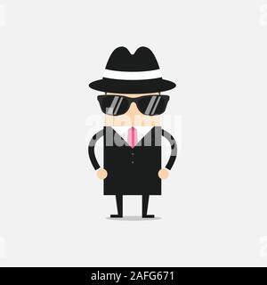 L'homme en costume chapeau imperméable et des lunettes. Le détective undercover. Illustration de Vecteur