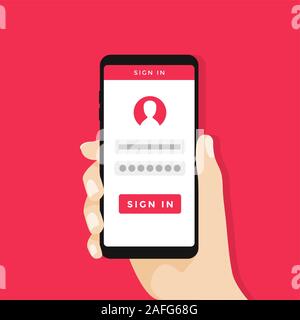 Ouvrir une page sur l'écran du smartphone. Tenir la main smartphone. vector Illustration de Vecteur