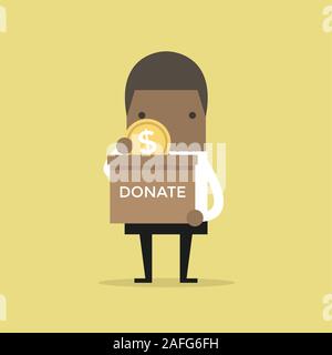 African businessman putting coin dans la boîte de donation. Vector Illustration de Vecteur