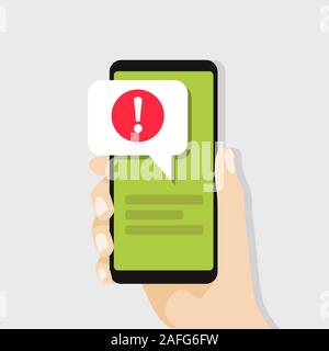 Hand holding smartphone avec bulle et vecteur icône en forme de point d'exclamation. Illustration de Vecteur