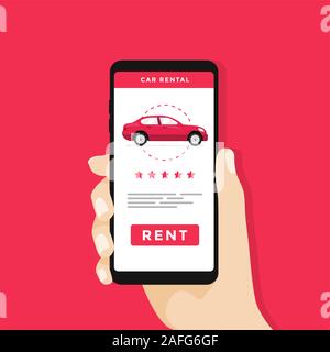 Hand holding smartphone avec icônes de voiture et louer un véhicule à l'écran bouton vecteur. Illustration de Vecteur