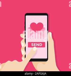 Envoyer de l'amour message. Hand holding phone avec coeur bulle, bouton envoyer à l'écran. Illustration de Vecteur
