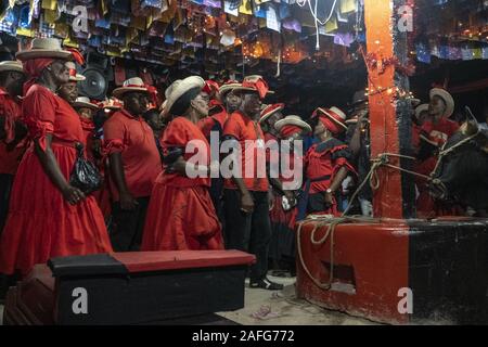 Jacmel, Haïti. Dec 12, 2019. Comme la cérémonie progresse un taureau et cercueil qu'on croit être un conduit pour les spiritueux sont portées dans le Peristil et le taureau est lié à l'autel.Le dicton Haïti est de 70  %, 30  % catholiques et protestantes 100  %  % vaudou. Cérémonies vaudou sont utilisés pour appeler la présence d'esprits ou Loa au monde physique. Bien que son nombre exact de fidèles sur l'île n'est pas clair sa présence est indéniable. Le sacrifice d'un taureau est censé pour être une grande offrande à la spirts et peut uniquement être effectuée une fois par an par un prêtre Voodoo. Le sang du CCS Banque D'Images