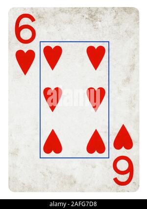 Six de coeur Vintage playing card - isolated on white (chemin inclus) Banque D'Images