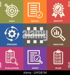 Concept d'évaluation avec des icônes et des signes Illustration de Vecteur